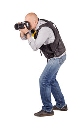 Fototapeta premium military press photographer with a professional camera. Isolated on white background