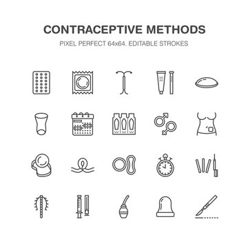 Contraceptive methods line icons. Birth control equipment, condoms, oral contraceptives, iud barrier contraception, vaginal ring, sterilization. Safe sex signs for medical clinic. Pixel perfect 64x64.