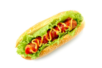 Homemade hot dog on white