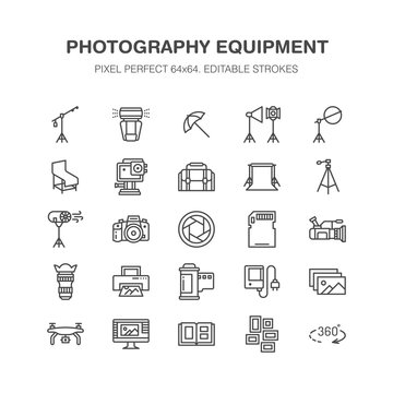 Photography equipment flat line icons. Digital camera, photos, lighting, video photo accessories, memory card, tripod lens film. Pixel perfect 64x64.