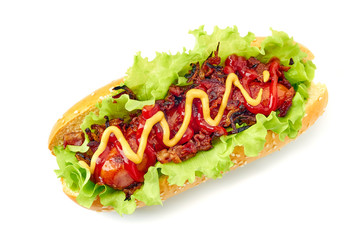 Homemade hot dog on white