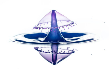Splash and crown on rippled blue liquid or water surface . Water splash with a crown and reflection