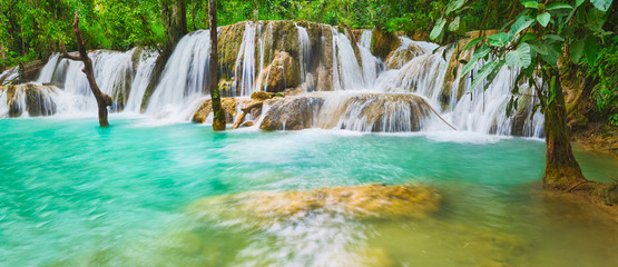 Tat Sae Waterfalls. Beautiful landscape, Laos. Panorama