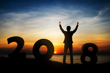 Businessman raise arms up in victory moment. Concept of victory, success or winning in business. 
