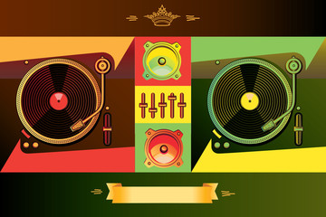 Stylized dj's turntables in reggae music colors