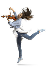 Woman playing violin on white background