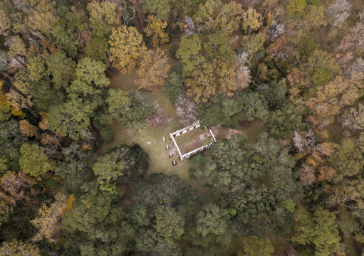 Aerial view of Old Sheldon Church ruin and surrounding forest in South Carolina, USA