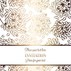 Intricate baroque luxury wedding invitation card, rich gold decor on beige background with frame and place for text, lacy foliage with shiny gradient