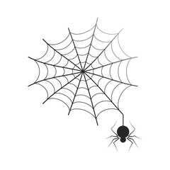 Black thin neat web with small spider isolated cartoon flat vector Illustration on white background.