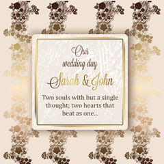 Fototapeta na wymiar Intricate baroque luxury wedding invitation card, rich gold decor on beige background with frame and place for text, lacy foliage with shiny gradient