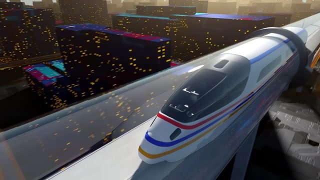 Concept of hyperloop. High-speed passenger train moves in a glass tunnel against a background of a night cityscape with lights. Seamless animation, loopable element