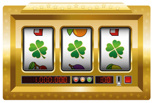 Slot machine with three lucky clover icons - symbol for good luck, success and winning the jackpot.