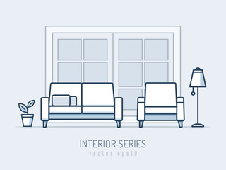 Interior and furniture series. Sofa and chair monoline vector illustration