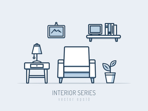 Interior And Furniture Series. Chair And Table Monoline Vector Illustration