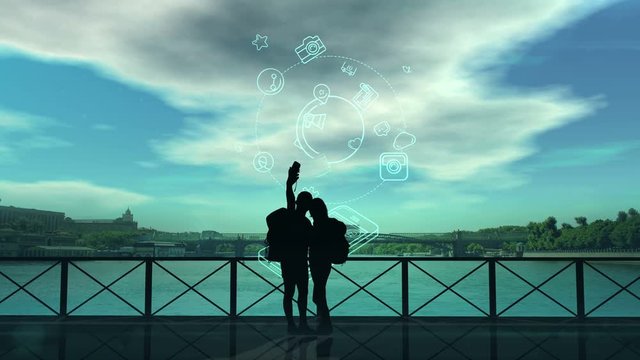 Tourists do selfie on the background of the river, the city, and infographics