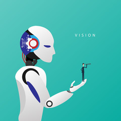 Minimalist stile. vector business finance. Successful vision concept with icon of businessman and telescope in robot hand, Symbol leadership, strategy, mission, objectives.