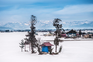 Naklejka premium Small shrine in Fukushima, Tohoku, Japan in Winter time landscape