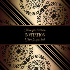 Vintage baroque Wedding Invitation template with butterfly background. Traditional decoration for wedding. Vector illustration in black and gold