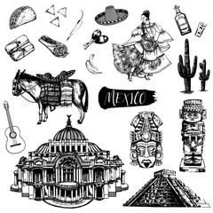 Hand drawn sketch style set of Mexican themed landmarks, food, drink, objects. Vector illustration isolated on white background.