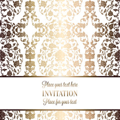 Intricate baroque luxury wedding invitation card, rich gold decor on beige background with frame and place for text, lacy foliage with shiny gradient