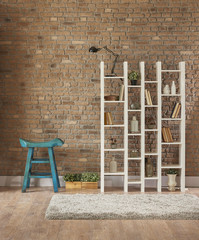 interior library decoration with blue chair white bookshelf and brick wall background © UnitedPhotoStudio