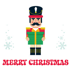 cartoon cute nutcracker with gift and text