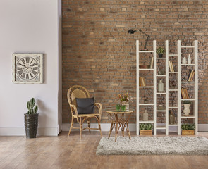 stone wall concept and brick wall background modern bookshelf style with book and vase of flowers...