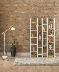 bookshelf furniture loft concept plant and white lamp decoration © UnitedPhotoStudio