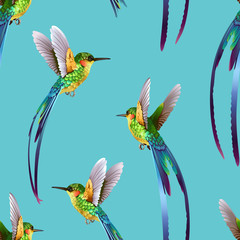 Fototapeta premium Beautiful seamless tropic exotic jungle pattern background. Hummingbirds on blue background