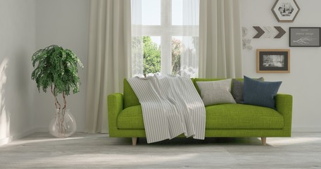 Idea of white room with sofa and summer landscape in window. Scandinavian interior design. 3D illustration