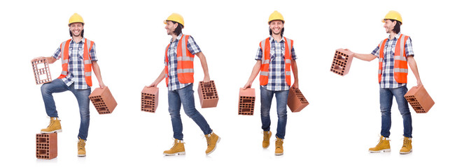 Builder with clay bricks isolated on white