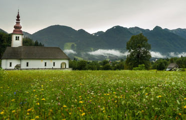 Slovenian church in a flower field, mountain in the back and cloud, SLOVENIA, EUROPE