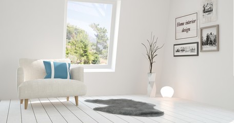 Idea of white room with armchair and summer landscape in window. Scandinavian interior design. 3D illustration
