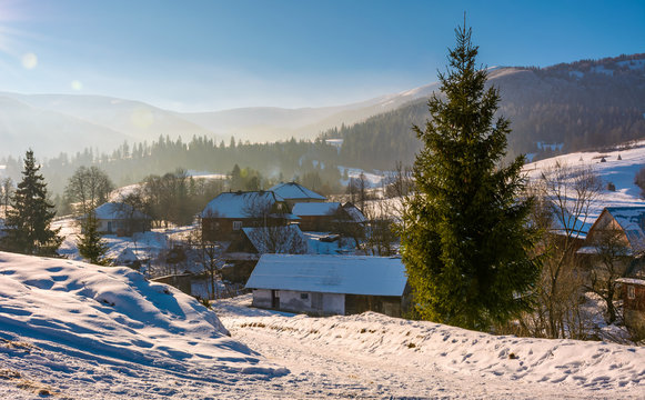village in mountainous area in winter carpathian landscape. location Pylypets, Ukraine