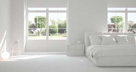 Inspiration of white minimalist  bedroom with summer landscape in window. Scandinavian interior design. 3D illustration