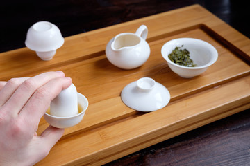 tea ceremony set on bamboo table