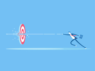 Fototapeta na wymiar Businessman runs and throws a spear at a target flat vector illustration. Business concept purpose, accuracy and skill. The employee hit with the arrow in the center of the target