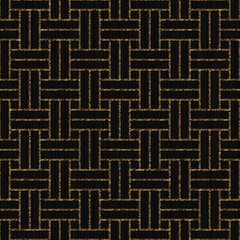 Scratched weaving. Asian ornament. Seamless pattern based on japanese sashiko. Golden motif on the black background. Abstract geometric backdrop. For decoration, wallpaper or surface textures.