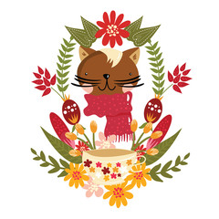 Cute cat in floral wreath