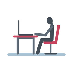 Stick figure sits at  table with a laptop.