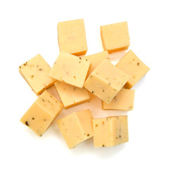 Diced blue cheese - studio shot on white background