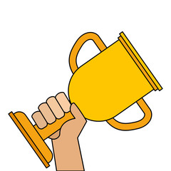 hands human with trophy cup winner icon vector illustration design