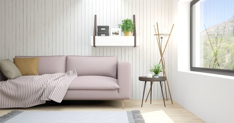 Idea of white minimalist room with sofa. Scandinavian interior design. 3D illustration