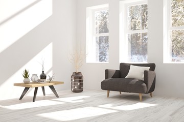 White room with armchair and winter landscape in window. Scandinavian interior design. 3D illustration