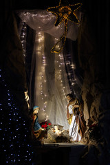 Christmas crib, biblical scene Birth of Jesus Christ in Bethlehem