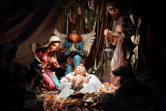 Christmas Crib, Biblical Scene Birth Of Jesus Christ In Bethlehem