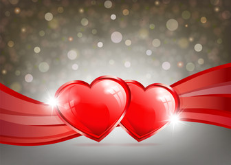 light background with two hearts, ribbons and shine