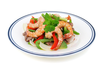 Stir fried vegetables and shrimp, beef on white