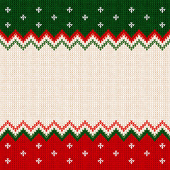 Ugly sweater Merry Christmas and Happy New Year greeting card frame border template. Vector illustration knitted background pattern with scandinavian ornaments. White, red, green colors. Flat style