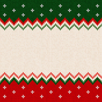 Ugly sweater Merry Christmas and Happy New Year greeting card frame border template. Vector illustration knitted background pattern with scandinavian ornaments. White, red, green colors. Flat style